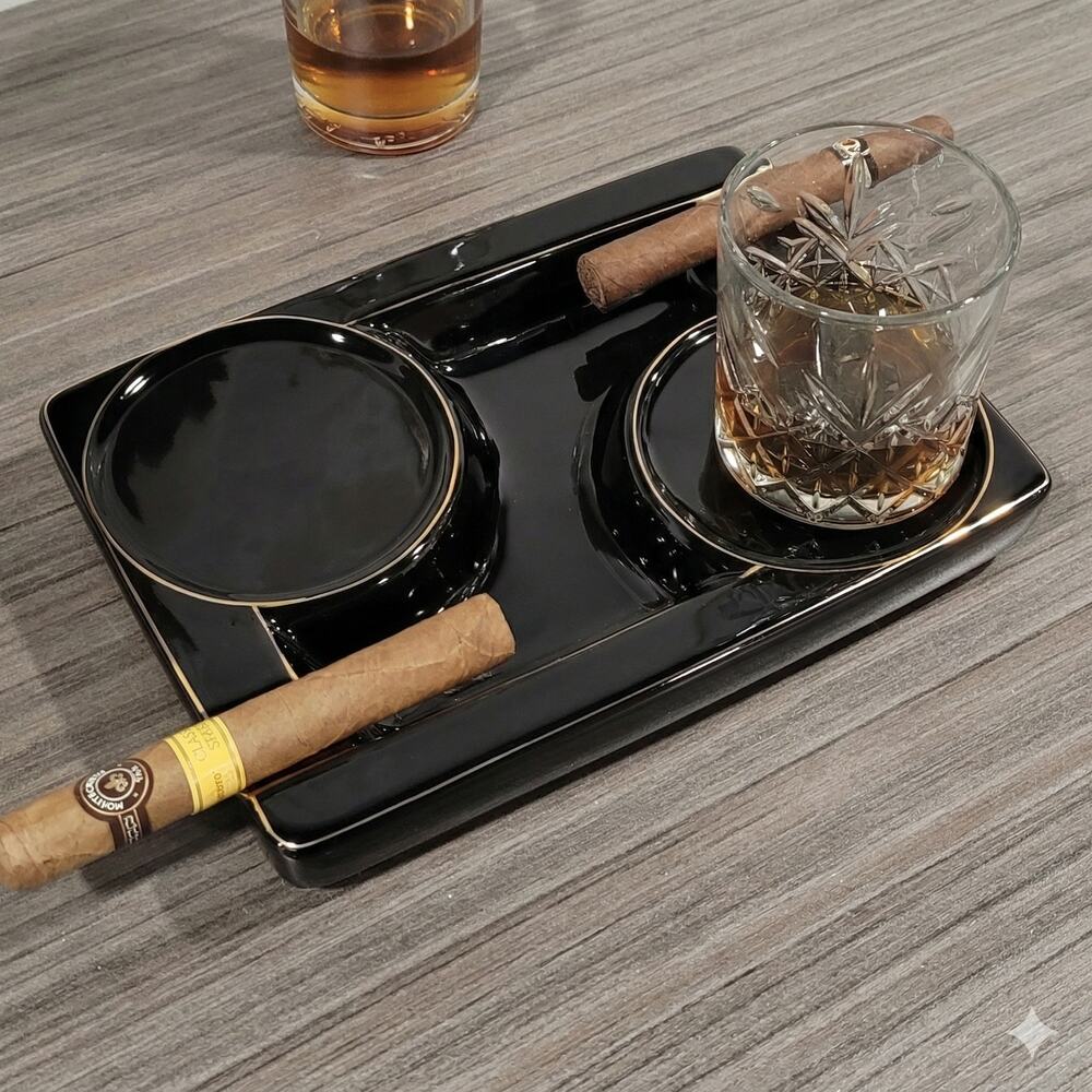 New Luxury Black Ceramic Cigar Ashtray & Whiskey Glass Tray Gold Trim